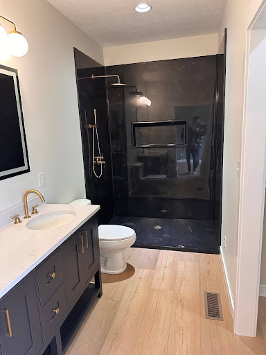 Bathroom Project #1 full bathroom view, sink and shower